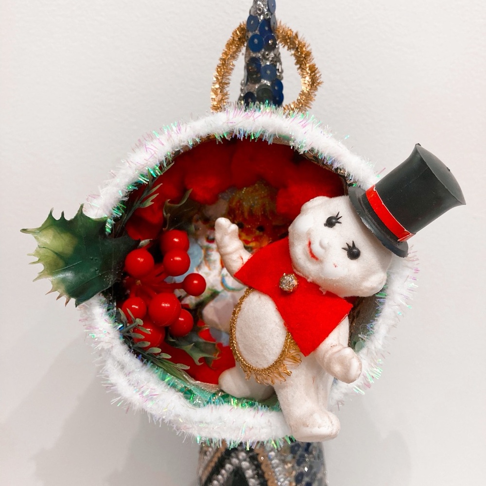 Vintage Snowman Christmas Ornament Diorama Retro Mod Century Modern with Top Hat